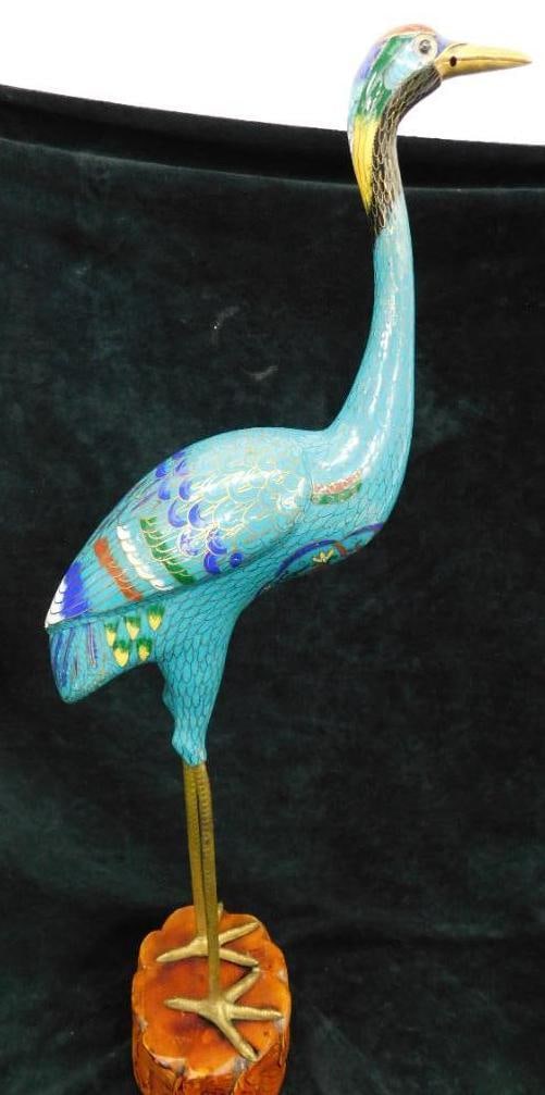 Large Cloisonne Egret / Crane / Heron - Wood Base - 26" x 10" x 5.5": See Photos For Condition and Details