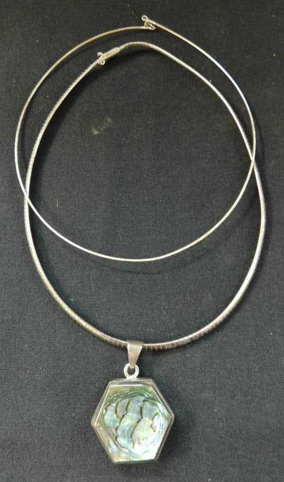 Sterling Silver - 2 Omega Chain Necklaces - 1 with Abalone Pendant - 39 Grams TW: See Photos For Condition and Details
