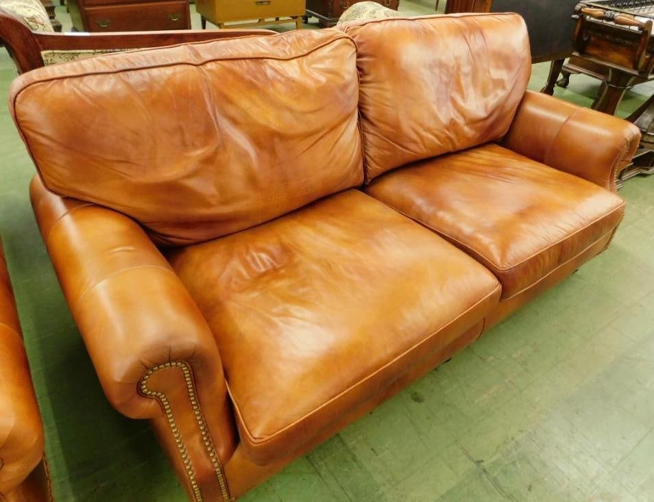 Hancock and Moore Leather Couch - Tacked Arms: 34" x 77" x 43"