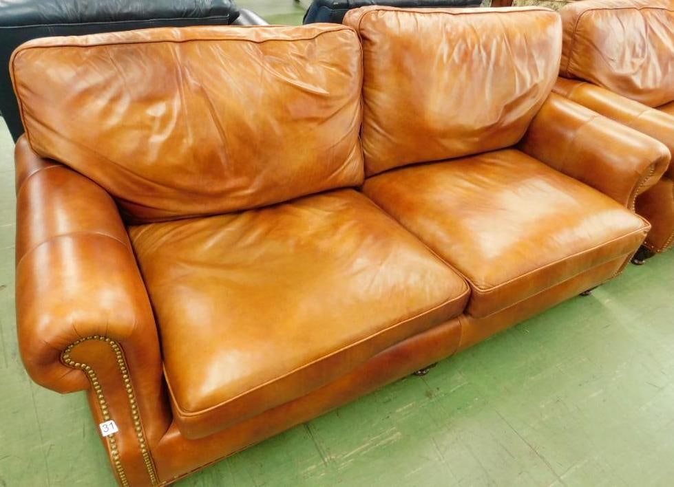 Hancock and Moore Leather Couch - Tacked Arms: 34" x 77" x 43"