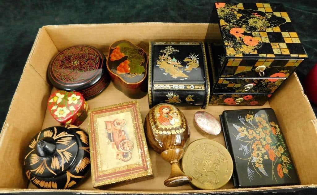 Lot of 11 Wood-Plastic- Metal Trinket Boxes From All Over: See Photos for Details and Condition