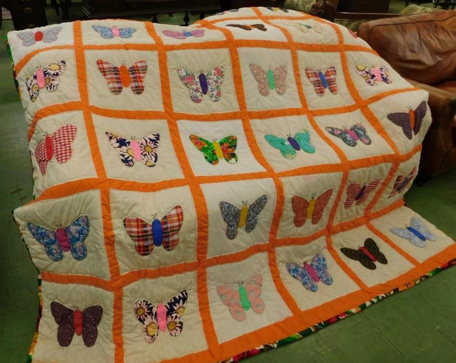 Vintage Hand Sewn Quilt - Butterflies - 88" x 92": See Photos for Details and Condition