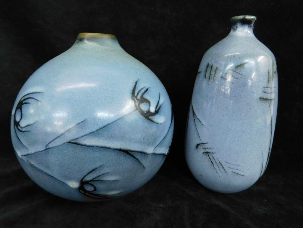 Pair of Blue Glaze Studio Art Pottery Pieces - Both Signed - 7.5" x 3.5" - 6.5" x 6" (1 of 9)