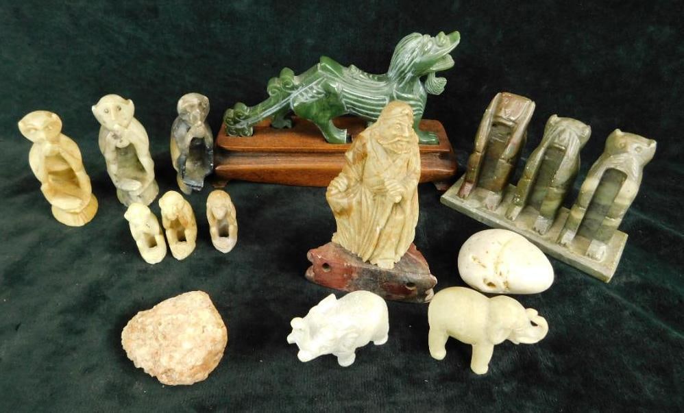 Box Lot of Carved Stone Animal Figures - Dragon - Hear/See/ Speak No Evil Monkeys (1 of 10)
