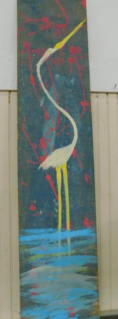 2003 Ernest Lee Folk Art Painting on Plywood - Heron / Crane / Egret - 48" x 10": See Photos for Details and Condition