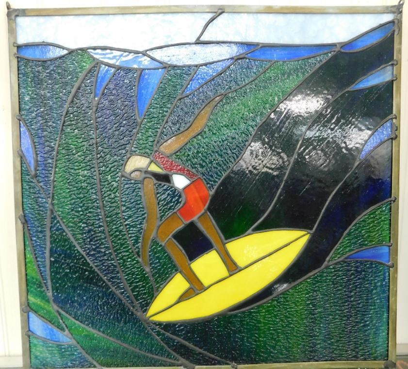 Stained Glass Panel - Surfing - 19" x 20": See Photos for Details and Condition