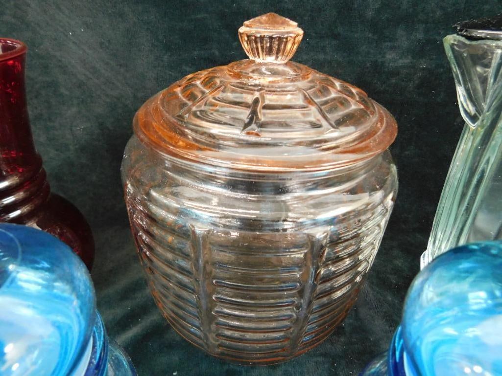 Box Lot of Vintage Glassware - Depression Biscuit Jar Lidded Pitchers - Jars (1 of 12)