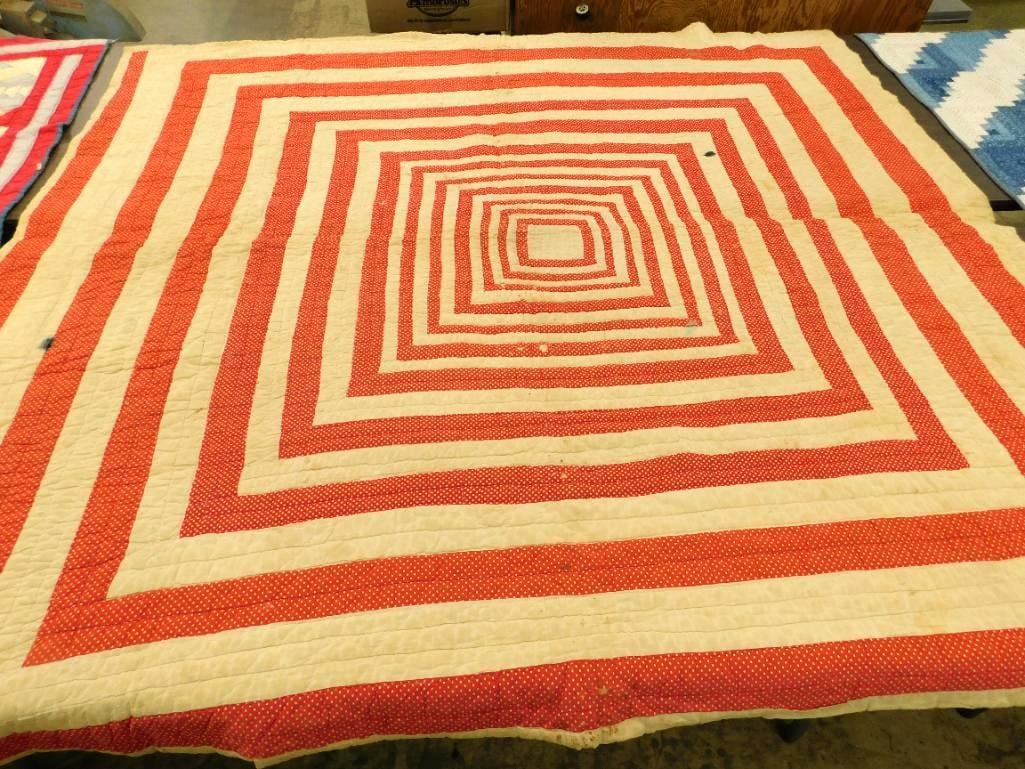 Vintage Hand Sewn Quilt - Graduating Squares - 71" x 66": As Is - Worn With Some Staining - See Photos For Condition And Details
