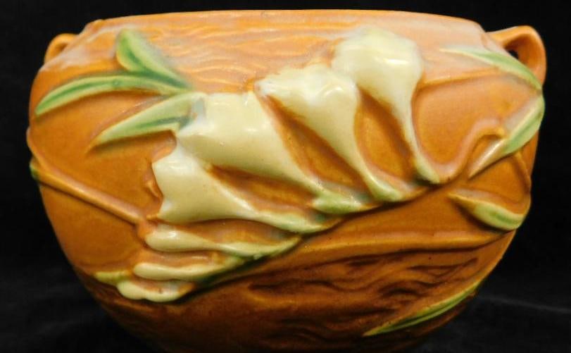 Roseville Pottery - #669-4" - Freesia - Rust - Small Jardinaire - 4" x 6" - Hairline Crack: and Repaired - See Photos For Condition and Details