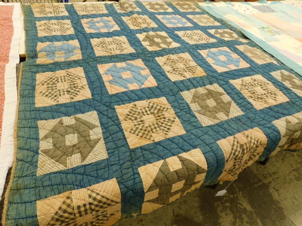 Vintage Hand Sewn Quilt - Green Brown - 69" x 61": As Is - Worn With Some Staining - See Photos For Condition And Details
