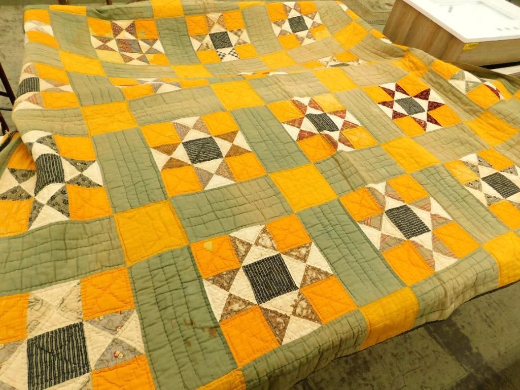 Vintage Hand Sewn Quilt - Gold and Moss Green - 80" x 66": As Is - Worn With Some Staining - See Photos For Condition And Details