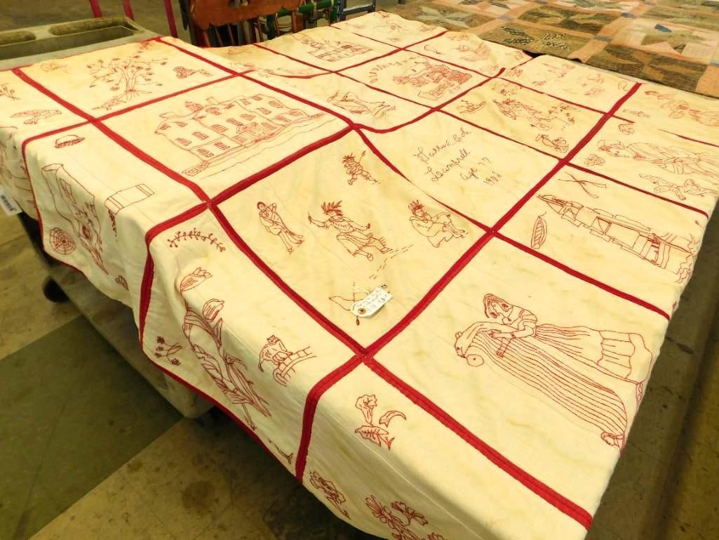 Vintage Hand Sewn Quilt - 1903 Embroidered - 86" x 86": As Is - Worn With Some Staining - See Photos For Condition And Details