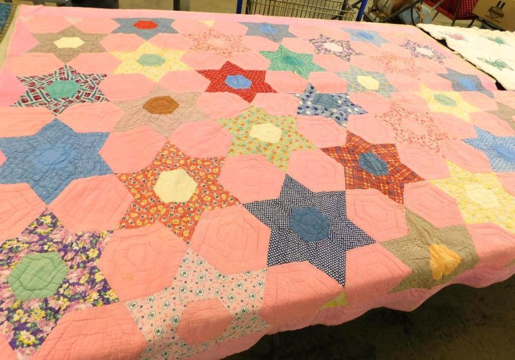 Vintage Hand Sewn Quilt - 6 Pointed Star Pattern - 88" x 72" (1 of 15)