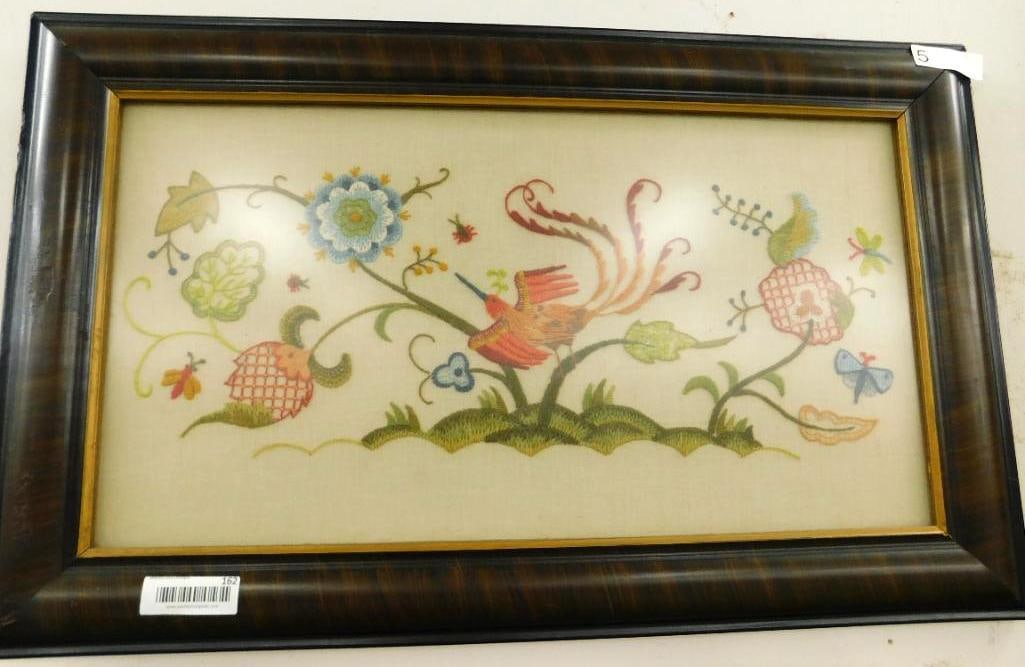 Framed Under Glass Needlepoint - Floral with Bird: 19.5" x 31.5"