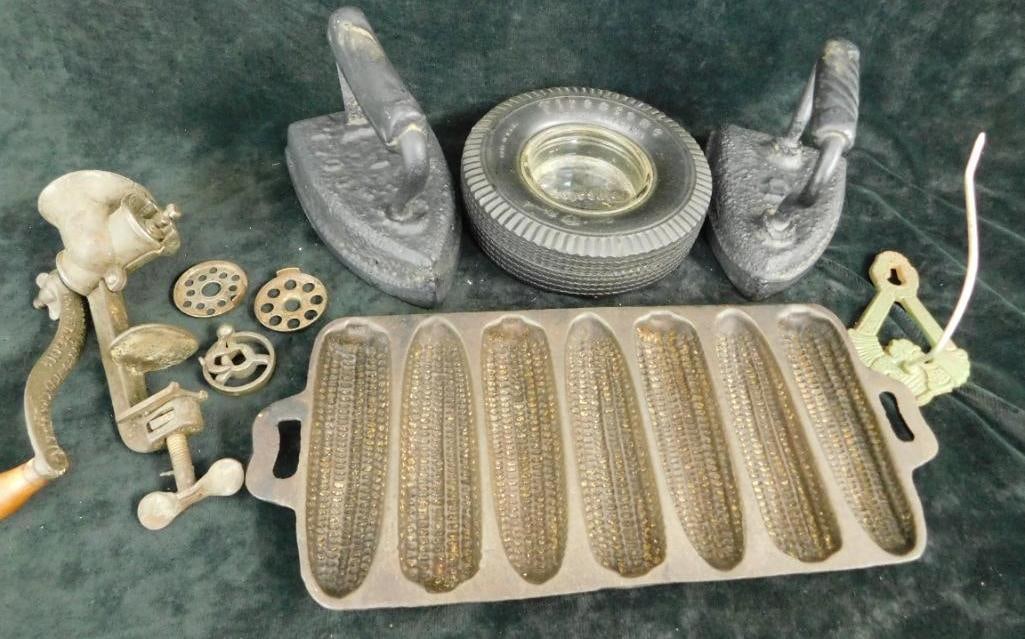Box Lot with 2 Sad Irons - Small Grinder - Cast Iron Cornbread Pan - Firestone Ashtray: Chit Minder - See Photos For Condition and Details