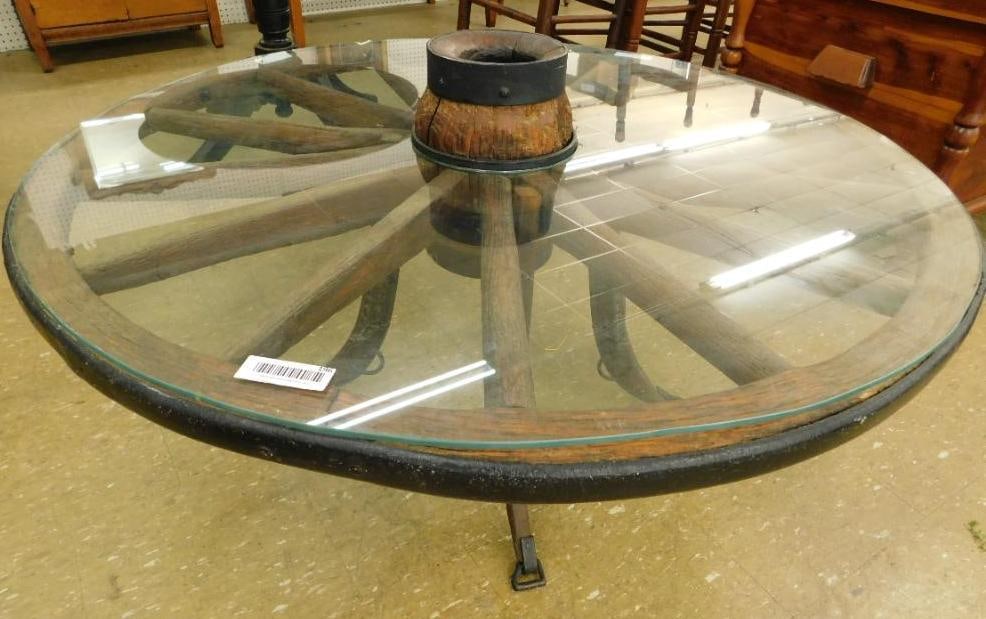 Glass Top Wagon Wheel Coffee Table with Hanes Legs (1 of 8)
