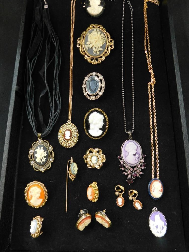 Costume Jewelry - Imitation Cameo - 16 Pieces - 4 Necklaces - 8 Brooches - 1 Stick Pin (1 of 18)