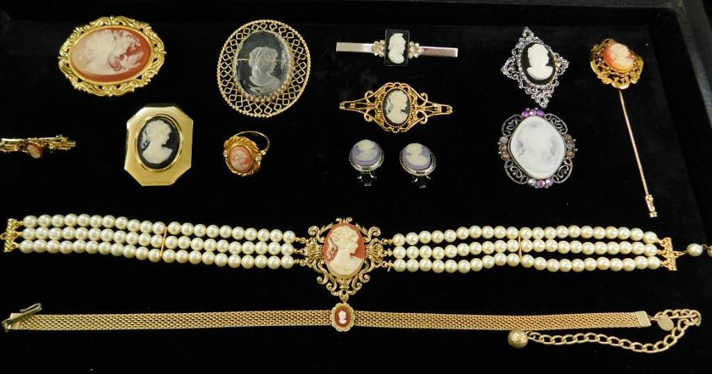 Costume Jewelry - Imitation Cameo - 13 Pieces - 2 Necklaces - 7 Brooches - 1 Ring (1 of 14)
