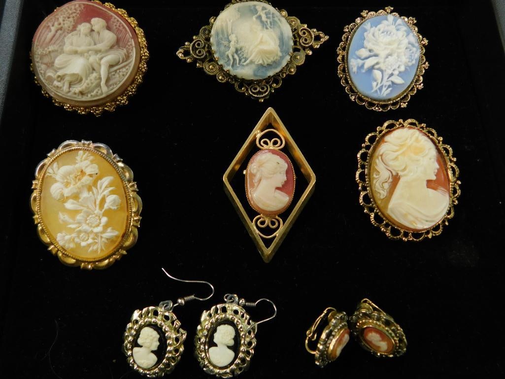 Costume Jewelry - Imitation Cameo - 8 Pieces - 5 Brooches - 1 Scarfclip (1 of 12)
