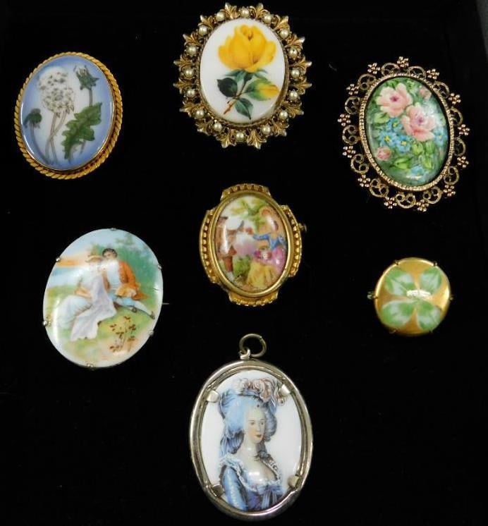 Costume Jewelry - Painted Porcelain and Glass - 7 Brooches: 1 Limoges - 1 Danish - See Photos For Details and Condition