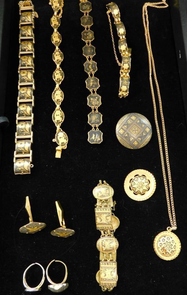 Costume Jewelry - Siam Niello - 11 Pieces - 1 Necklace - 5 Bracelets - 2 Brooches: 1 Pair of Cufflinks - 2 Rings - See Photos For Details and Condition
