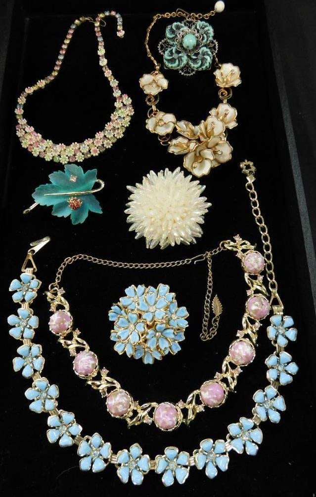Costume Jewelry - Rhinestone and Plastic - Unsigned - 8 Pieces - 4 Necklaces - 4 Brooches: See Photos For Details and Condition