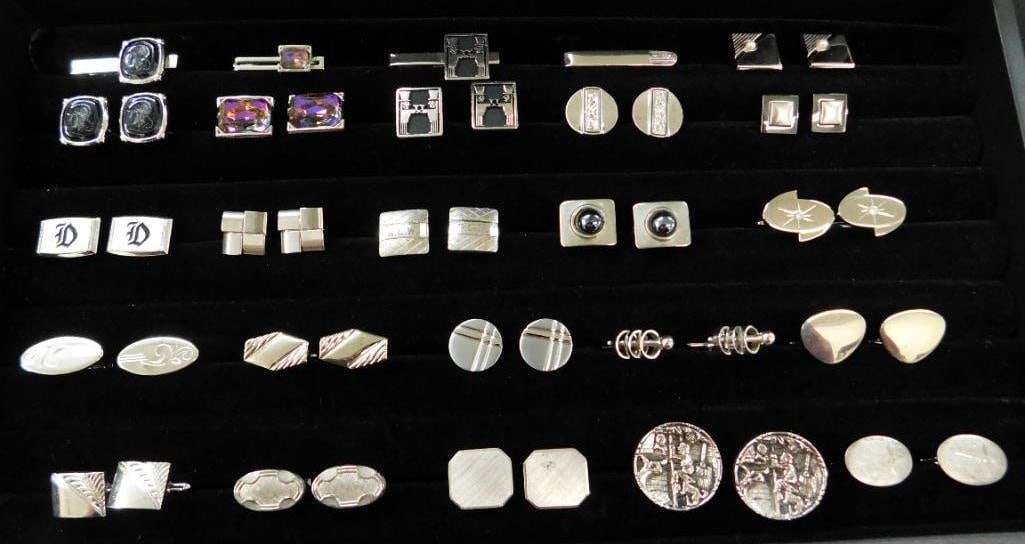 Mens Costume Jewelry - Cuff Links - 17 Pairs - 4 Link / Bar Sets - Silvertone (1 of 20)