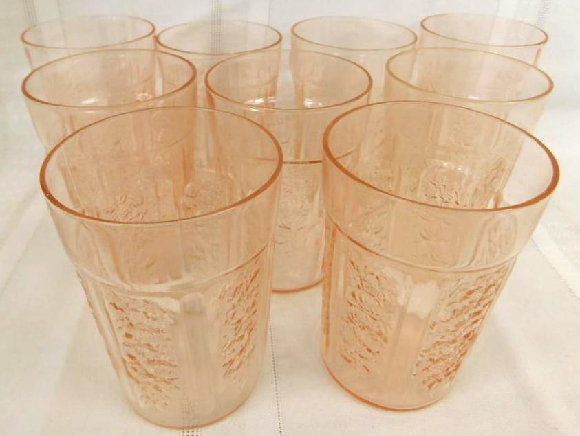Federal Depression Glass - Pink - Rose Of Sharon - 9-4" Water/Juice Glasses (1 of 8)