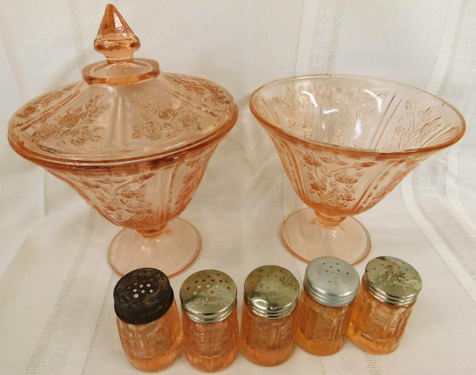 Federal Depression Glass - Pink - Rose Of Sharon - 2 Candy Dishes - 1 With Lid (1 of 10)