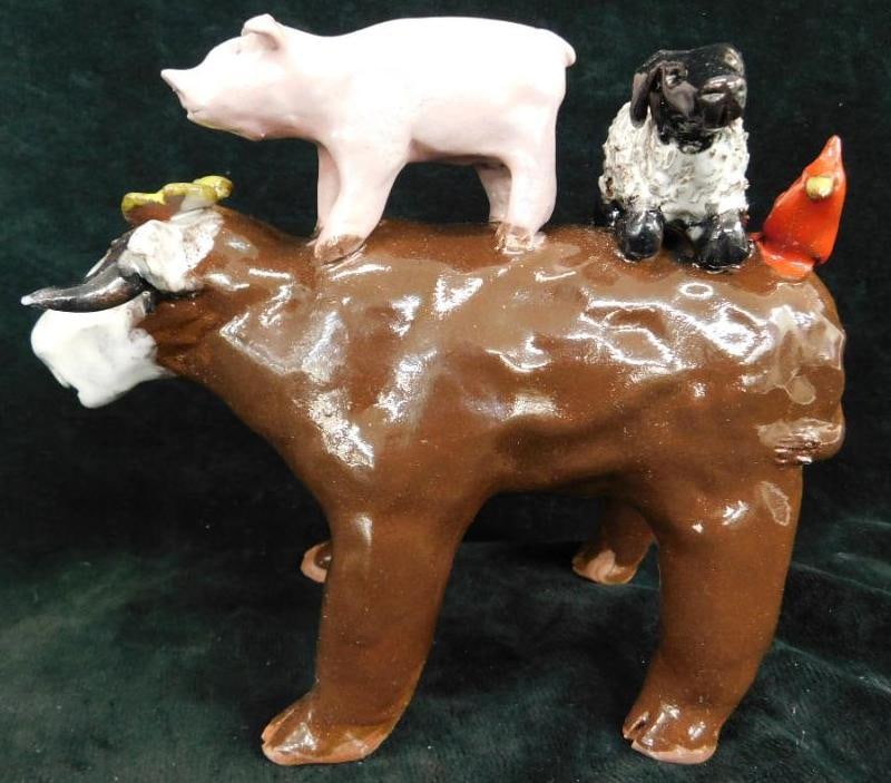 Southern Folk Art Pottery - Signed Lynn Bailey - Bull with Friends -5.75" x 7" x 3.25" (1 of 13)
