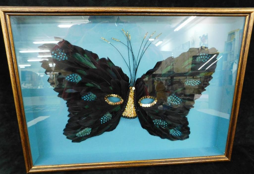 Shadowbox Framed Feather Butterfly Mask - Mardi Gras/Carnevale - 14" x 19" (1 of 12)
