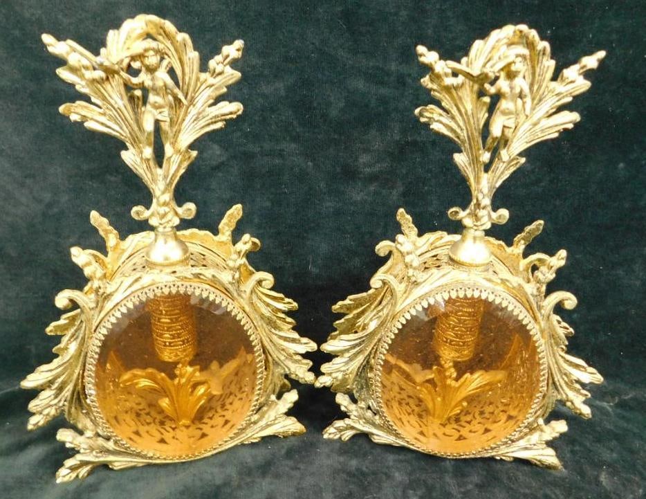 Pair of Vintage Brass and Amber Glass French Perfume Bottles - Ornate Stoppers: Each 9" x 6" x 2.5" - See Photos For Condition and Details