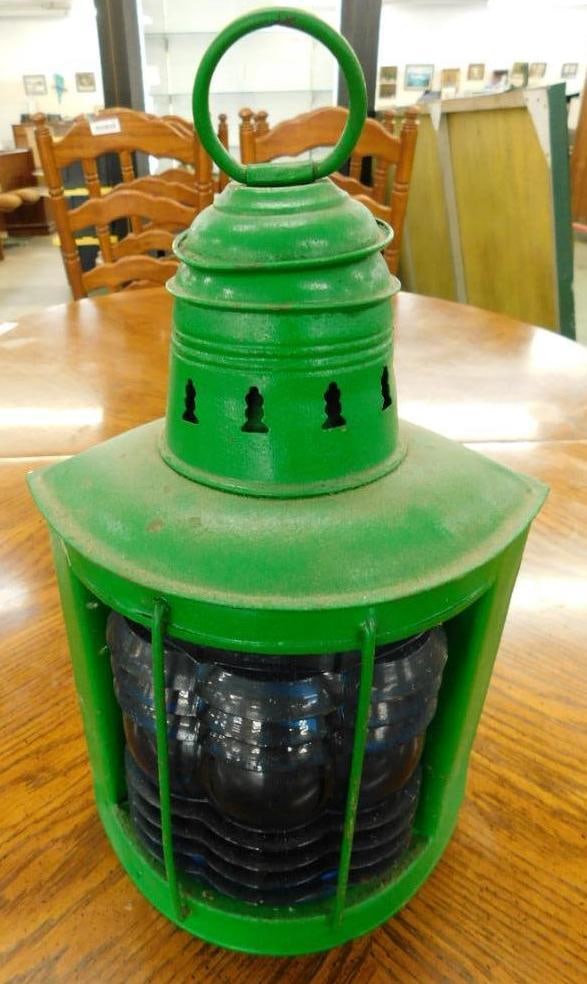 Vintage Green Painted Ships Lantern - Blue Lens - 13.5" x 8" x 7" (1 of 8)