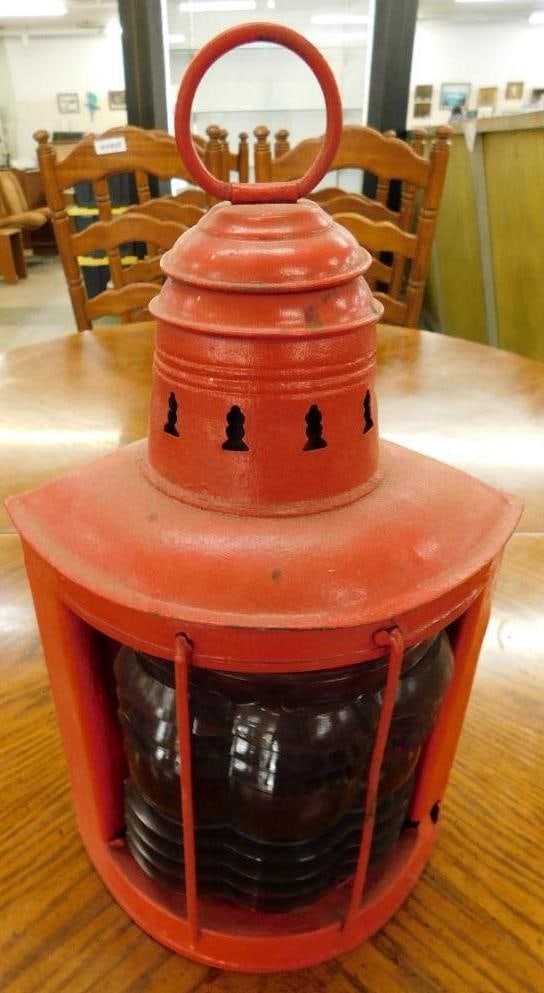 Vintage Red Painted Ships Lantern - Red Lens - 13.5" x 8"x 7" (1 of 9)
