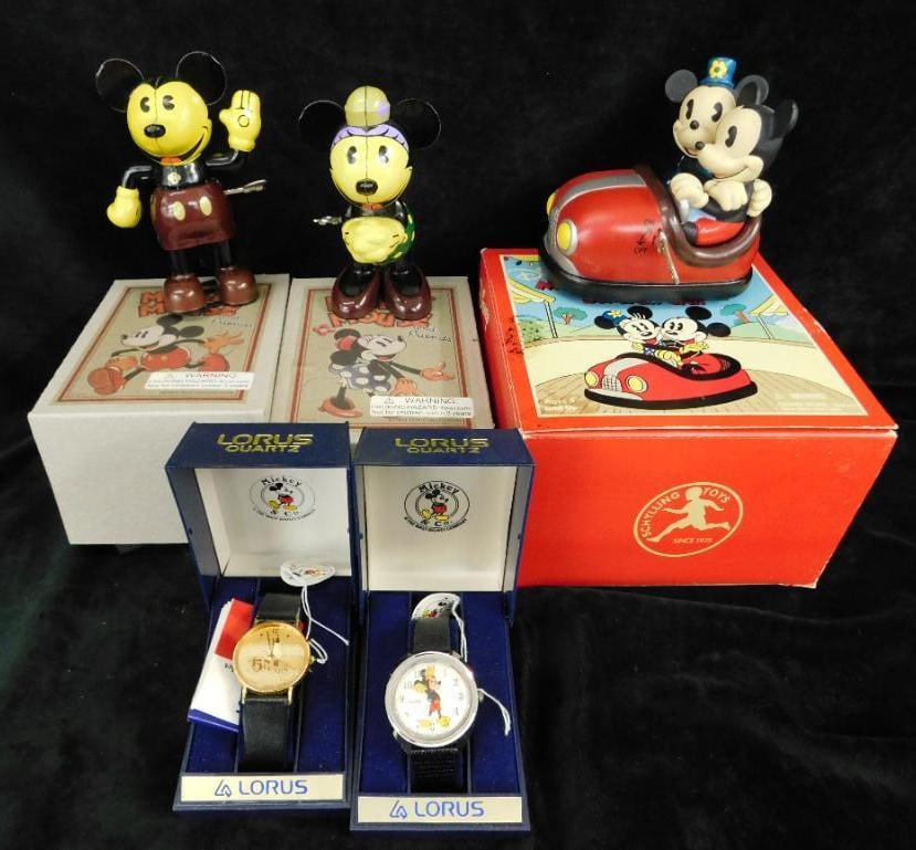 Disney - Lorus 15 Year Watch and Mickey Watch - 2 Modern Litho Tin Toys: Wind Up Mickey Bumper Car - See Photos For Details and Condition