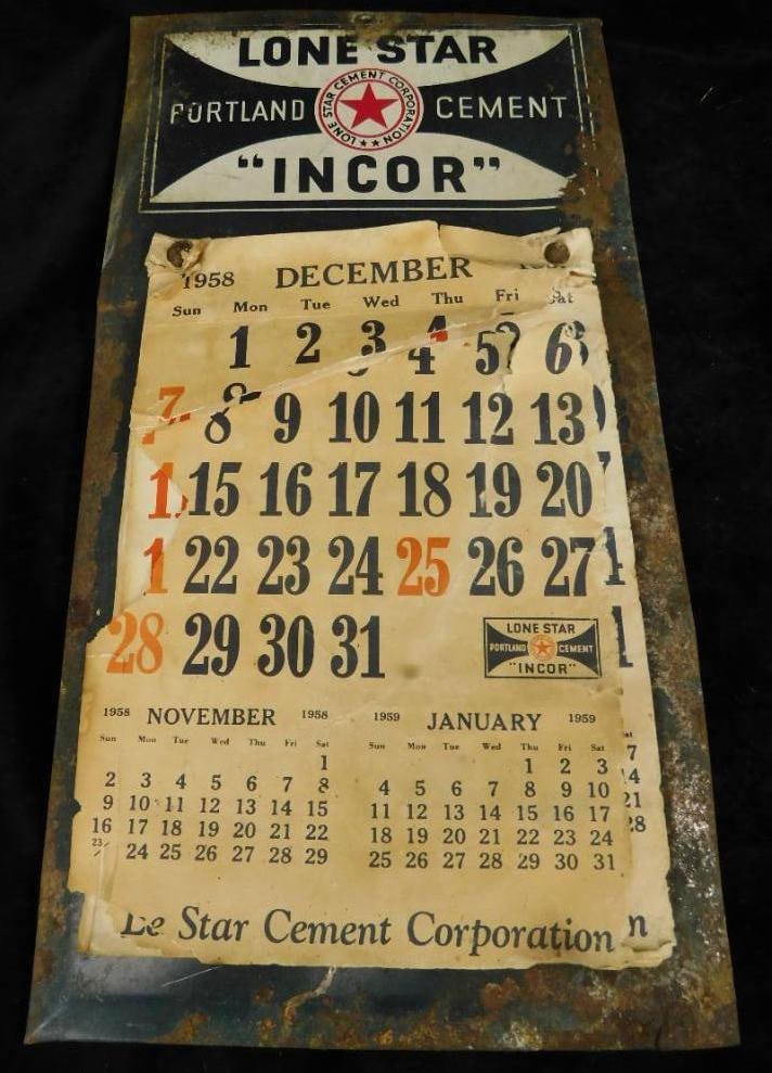 Vintage Metal Lone Star Cement Wall Calendar - 1958-59 - 16.5" x 8.75" (1 of 9)