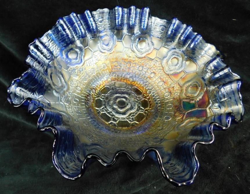 Carnival Glass Bowl - Unsigned - Blue Base - 3" x 8" (1 of 8)