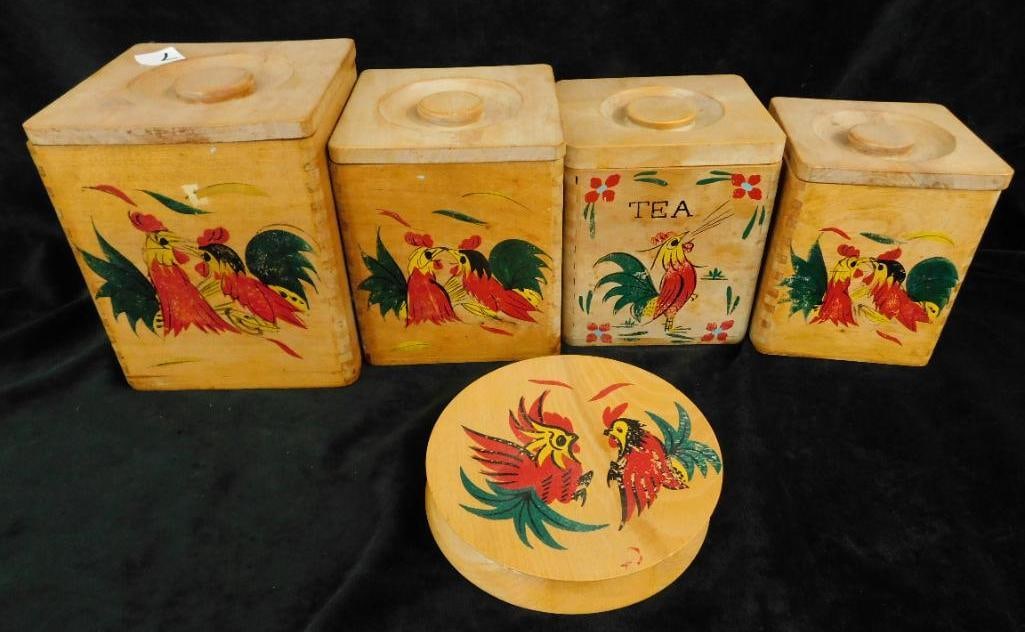 Mid Century Wood Rooster Canister Set and Burger Maker (1 of 9)