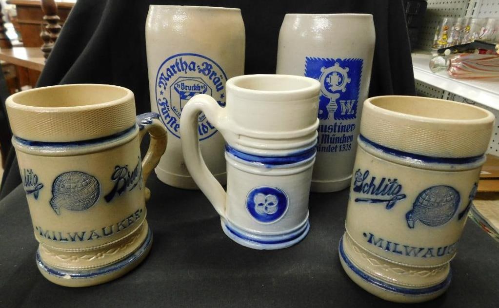 Group of 5 Vintage Tankards - 2 Schlitz Brewing Salt Glaze Tankards (1 of 17)