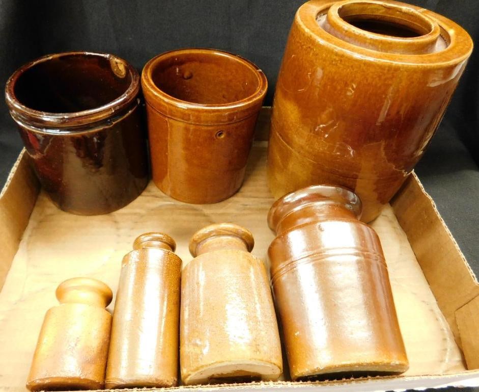 Box Lot with Early Pottery Storage Jars - 2.5" to 5.75" Tall - 7 Pieces - Unsigned (1 of 10)