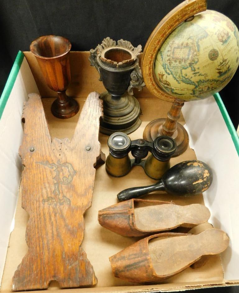 Box Lot with Misc. Wood Items - Vintage Boot Jack - Mini Globe - Sock Darner - Plus (1 of 12)