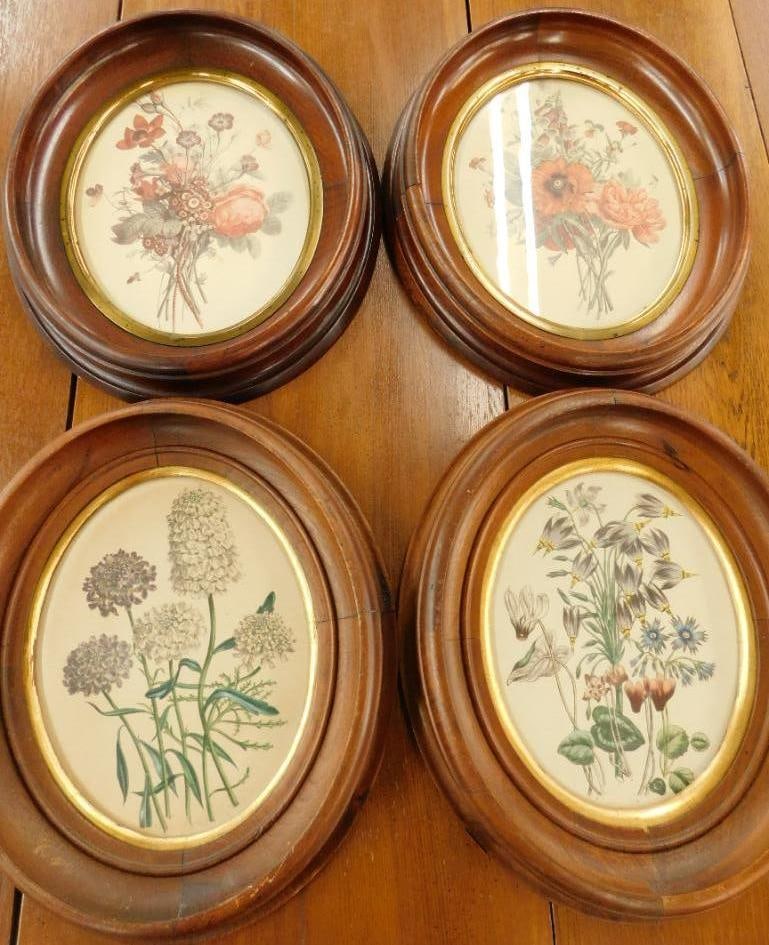 Group of 4 Oval Framed Floral Prints - Each 13.5" x 12" (1 of 8)