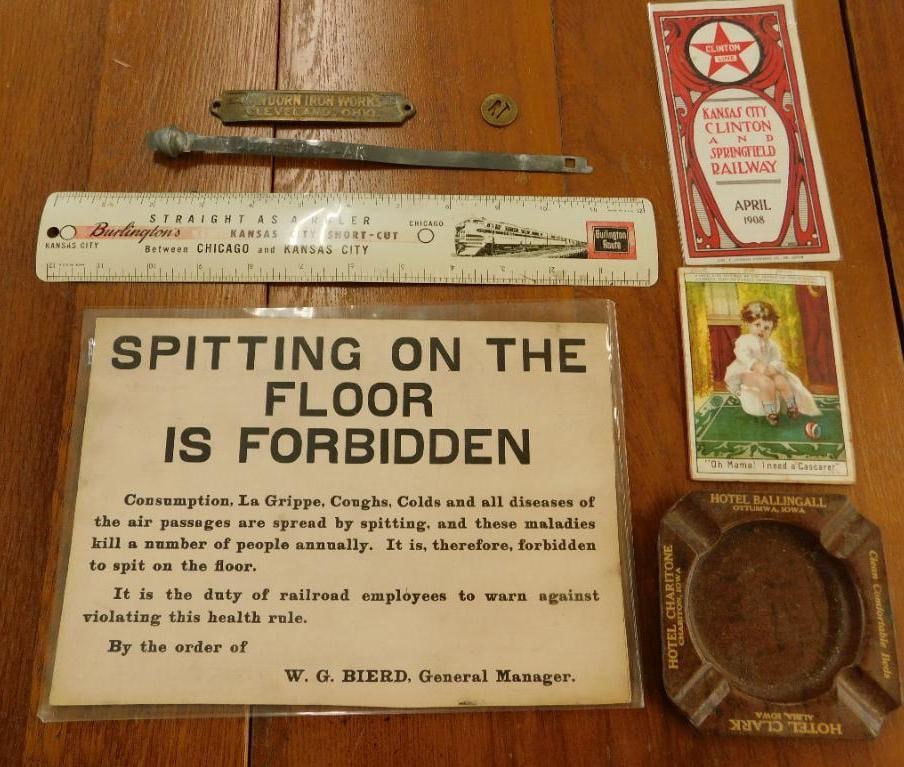Box Lot of Vintage Train and Advertising Items - Small Plaque - Ashtray - Ruler - Sign: See Photos For Condition and Details