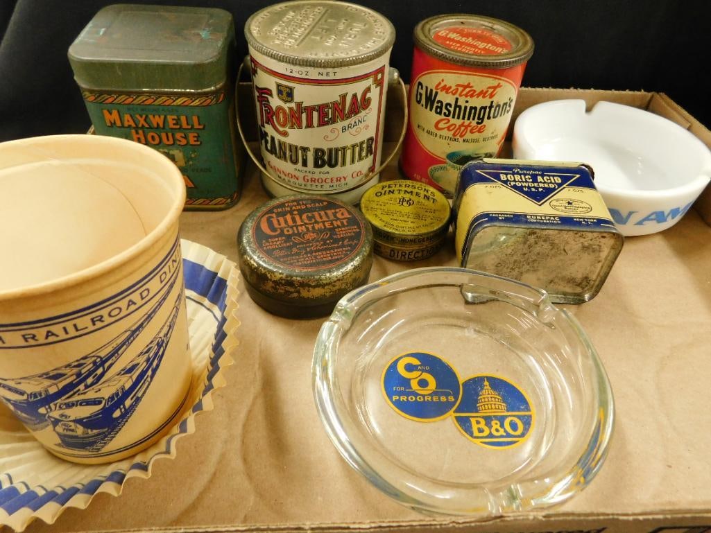 B & O RR cup,Wabash ashtray,Panam ash tray,Frontenag peanutbutter,coffe tins (1 of 11)