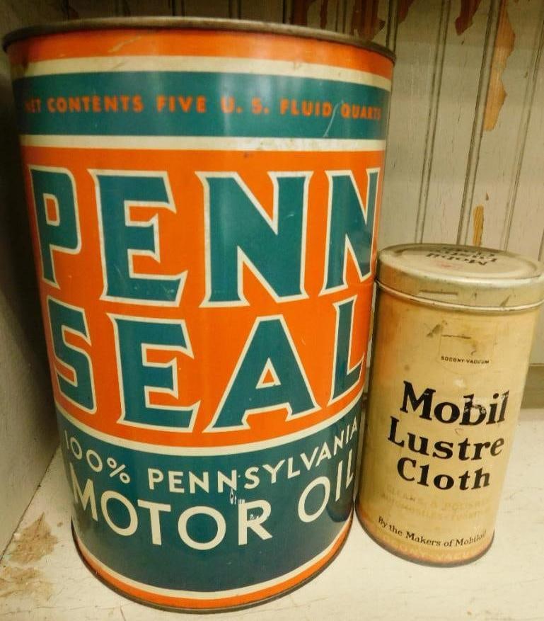 Pair of Vintage Advertising Tins - Penn Seal Motor Oil 9.5" Tall - Mobil Lustre Cloth 6" (1 of 9)