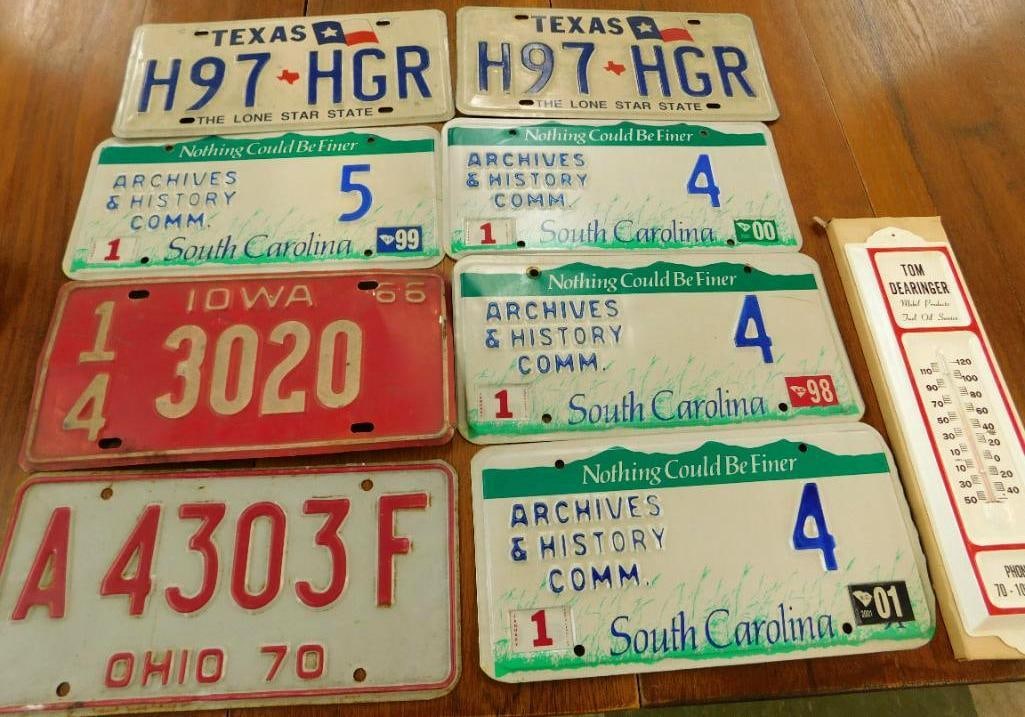 Box Lot with Vintage License Plates and a "Tom Dearinger Mobile Products" Thermometer (1 of 13)