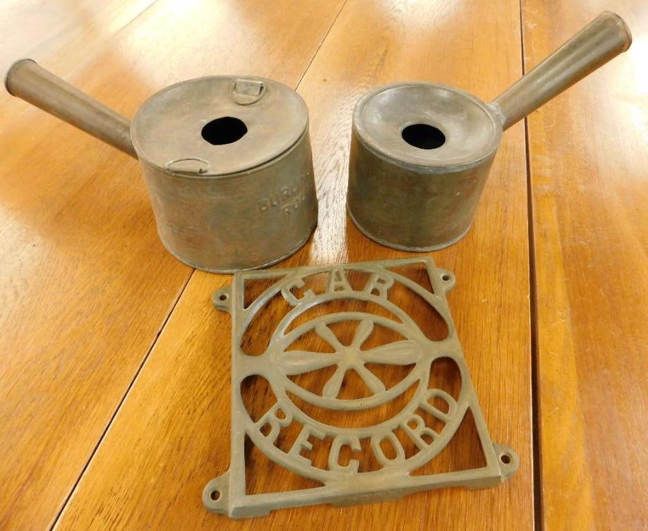 Box Lot with Vintage Handled wick lamps - Wall Hung "Car Record" Brass Rack (1 of 11)