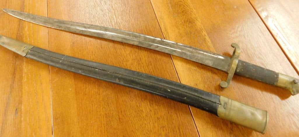 US civil war british import Bayonet short sword scabbard in Leather and Brass Sheath - 28.5" Long (1 of 10)