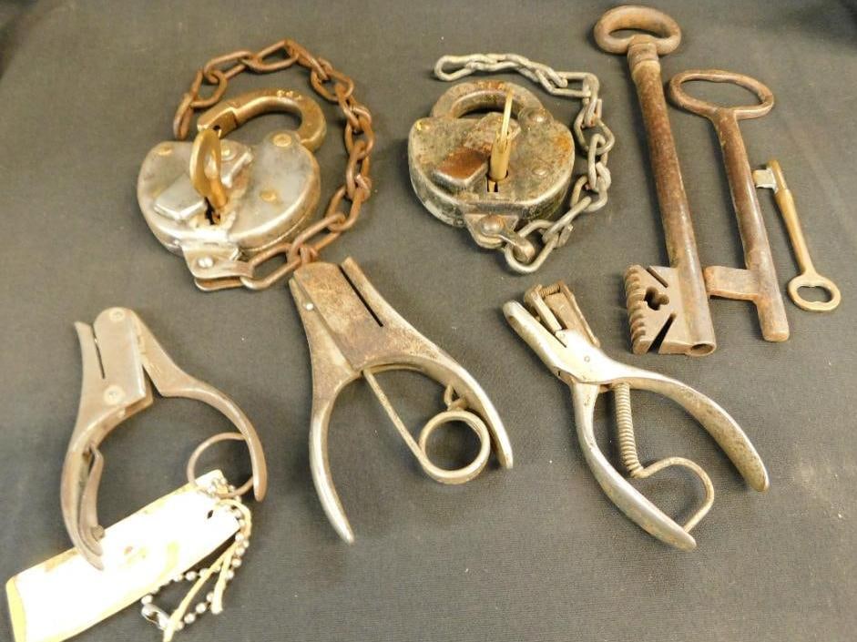 Box Lot with 3 Conductors Ticket Punches - 2 Railroad Locks with Keys - 3 Large Keys: See Photos For Condition and Details