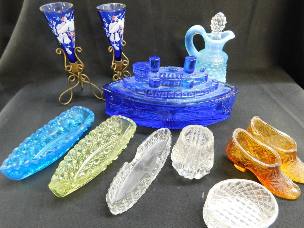 Box Lot of Vintage Pressed Glass - Boats - Pair of Enameled Vases 1 Cracked (1 of 15)